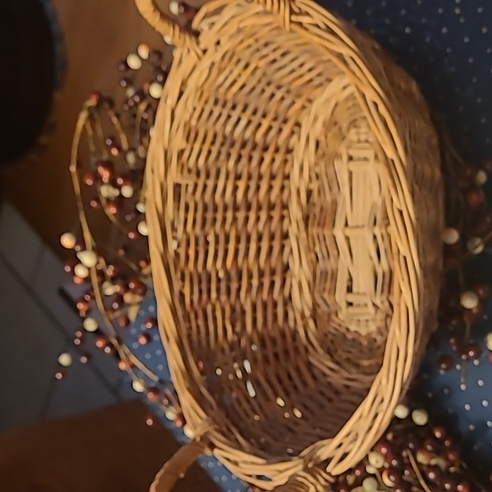 BASKET Wicker vintage with 13" Handmade DOILY Primitive Style GC